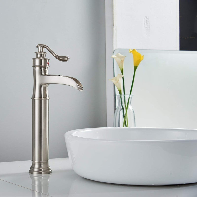 BATHFINESSE Bathroom Faucet Vessel Sink Faucet Waterfall Faucet for Sink 1 Hole with Pop Up Drain None Overflow Tall Bowl Sink Mixer Tap Deck Mount, Brushed Nickel - Image 3